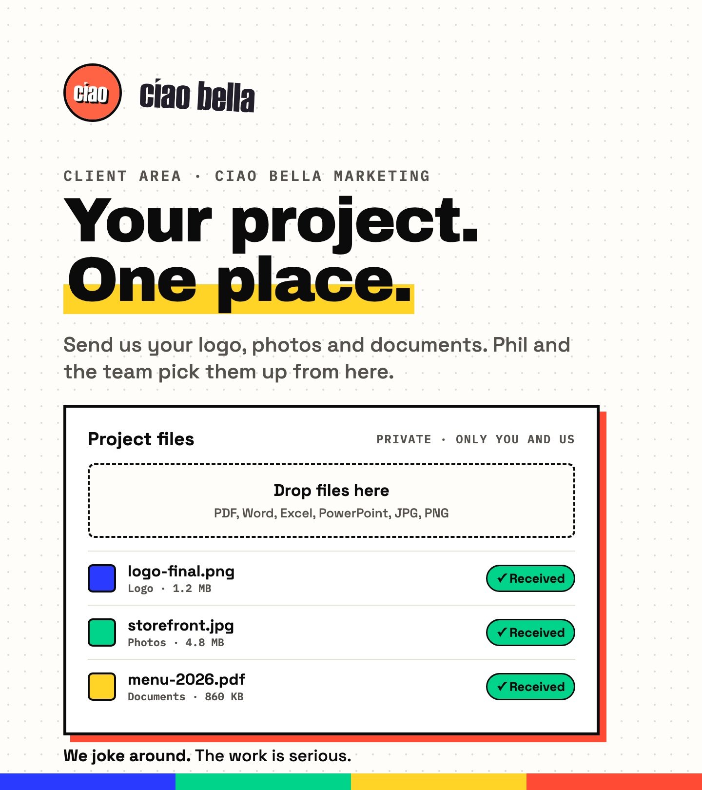 Preview of the Ciao Bella client area: project files received