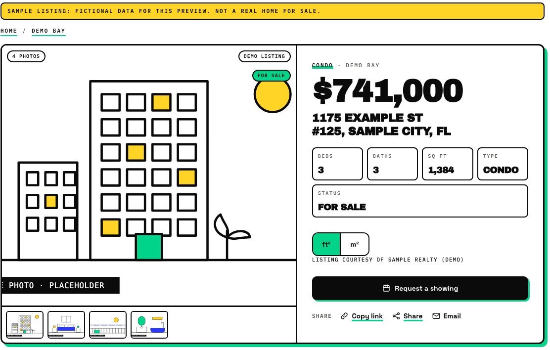An IDX Bloom listing page with price, facts and a Request a showing button