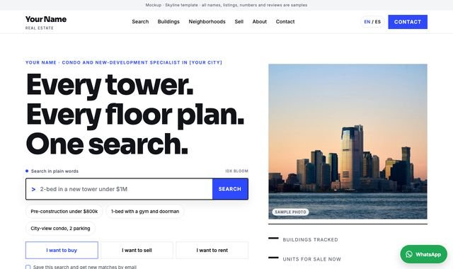 The Skyline design for an IDX Bloom website, shown with sample content